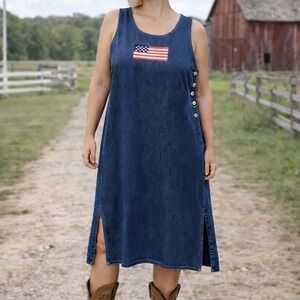 Carolina‎ Colours Womens Denim Jumper Dress 18W Flag Embroidery Cottagecore